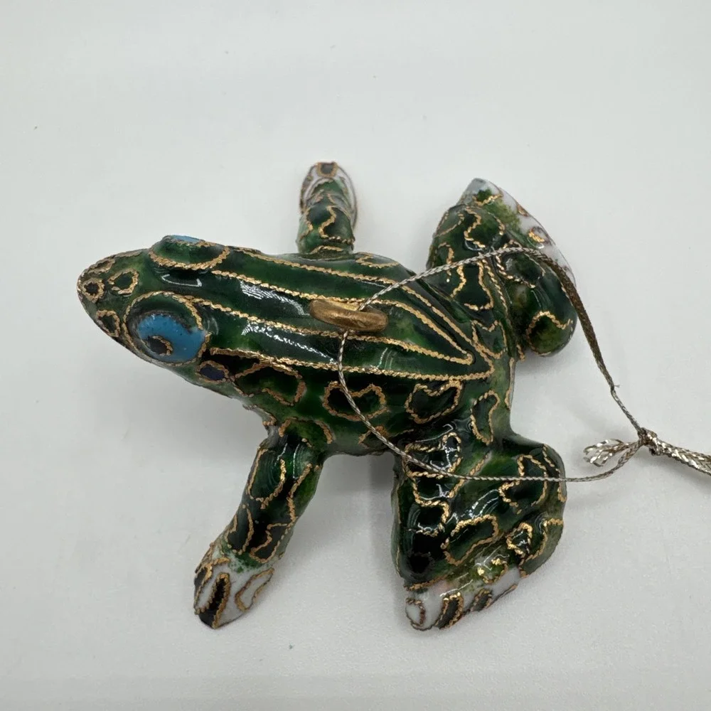 Vintage Cloisonné Enamel Frog Ornament Figurine Green & Gold Decorative Frog